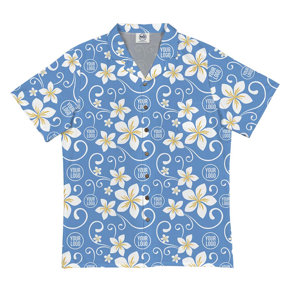 Custom-Plumeria-Hawaiian-Shirt-With-All-Over-Print-Logo Customer Plumeria Hawaiian Shirt With All Over Print Logo Laid Flat