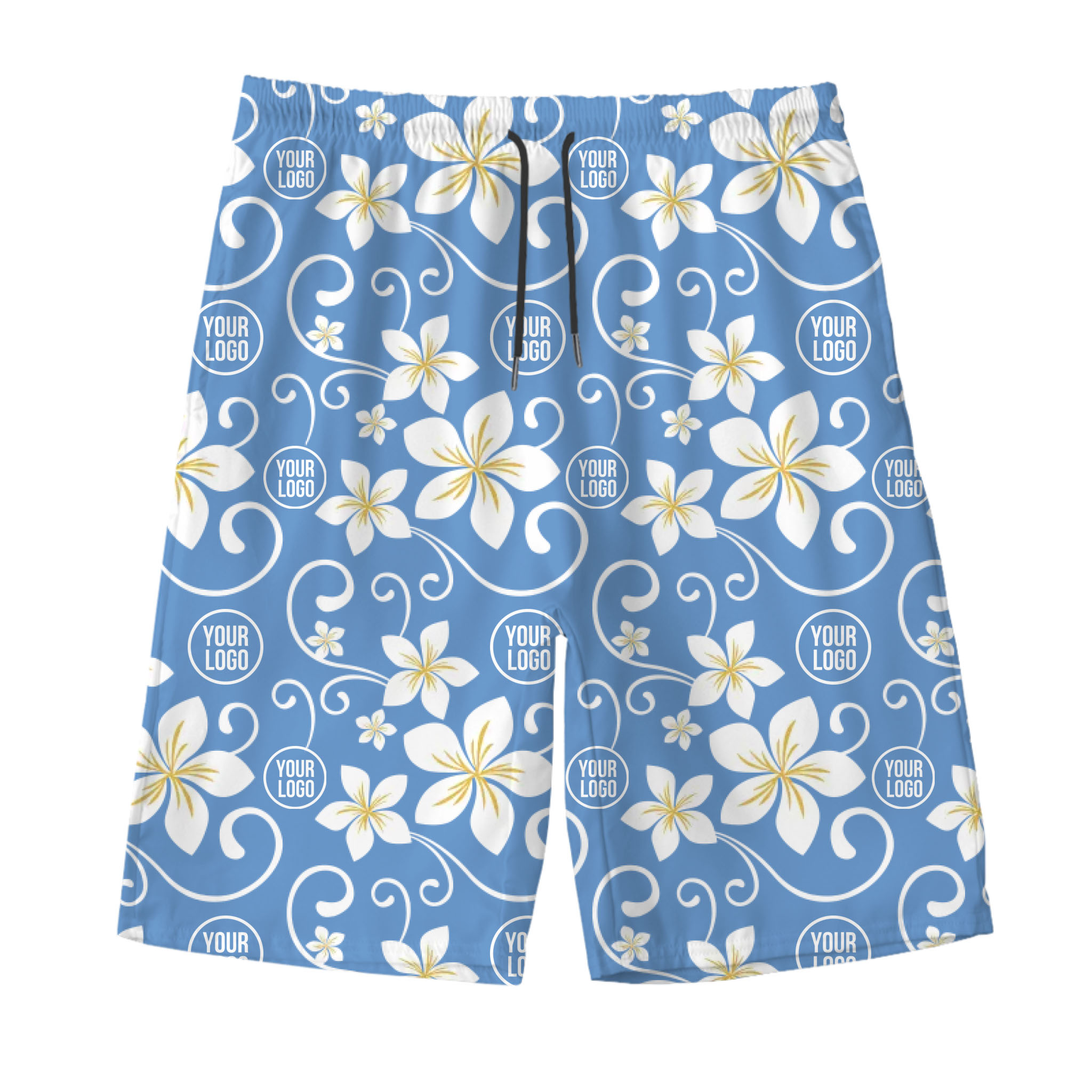 Custom-Plumeria-Hawaiian-Shorts-With-All-Over-Print-Logo Custom plumeria flower short with logo