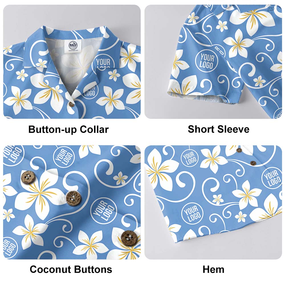 Button And Collar details of custom plumeria Hawaiian shirt with all over print logo