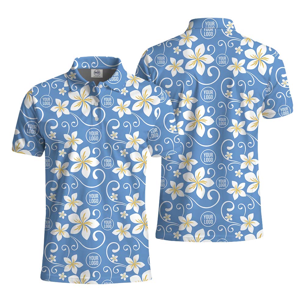 Front and back of customer plumeria polo shirt with logo