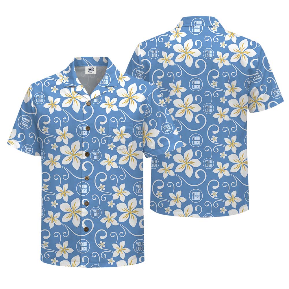 Front and back of custom plumeria Hawaiian shirt