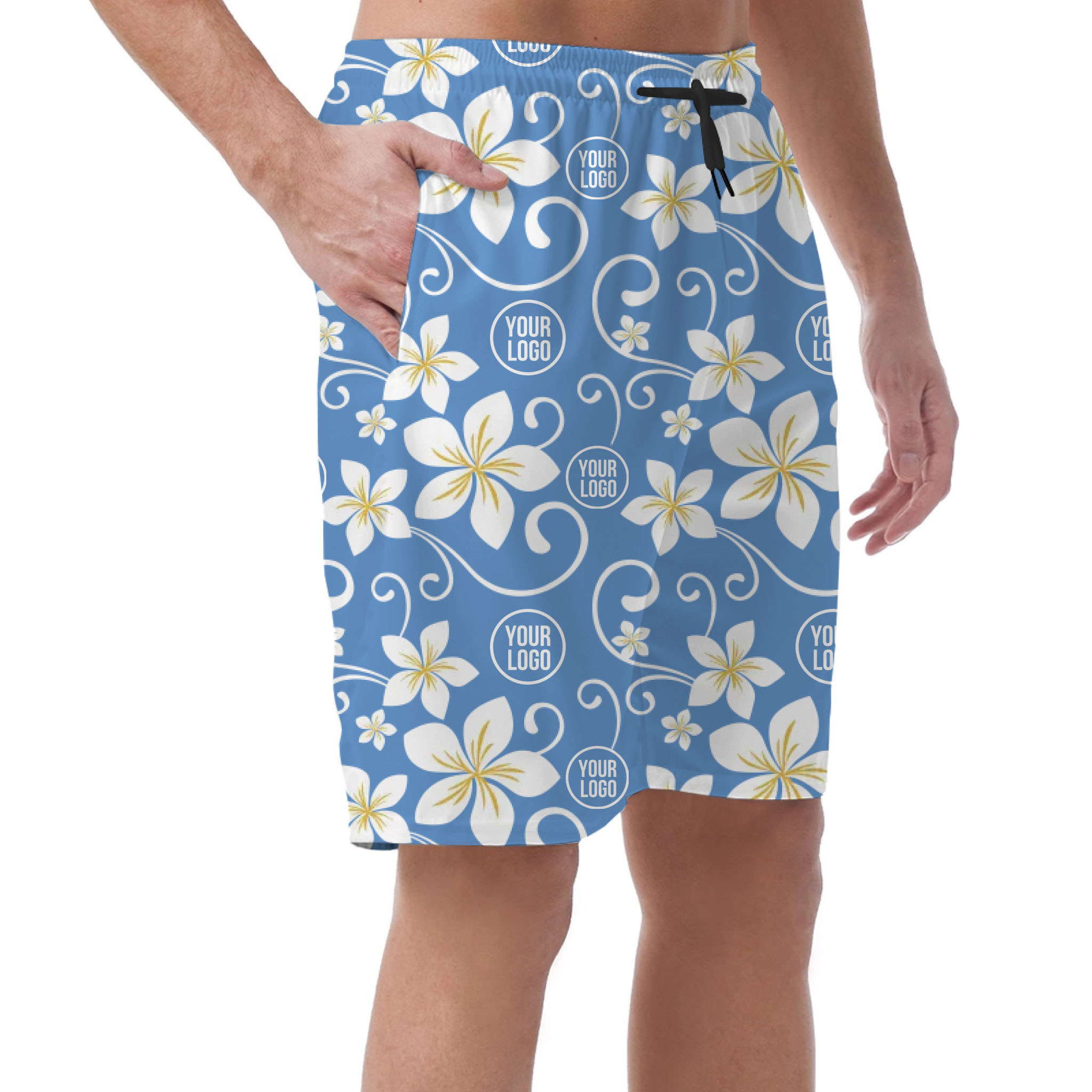 Left side of custom plumeria Hawaiian short with logo