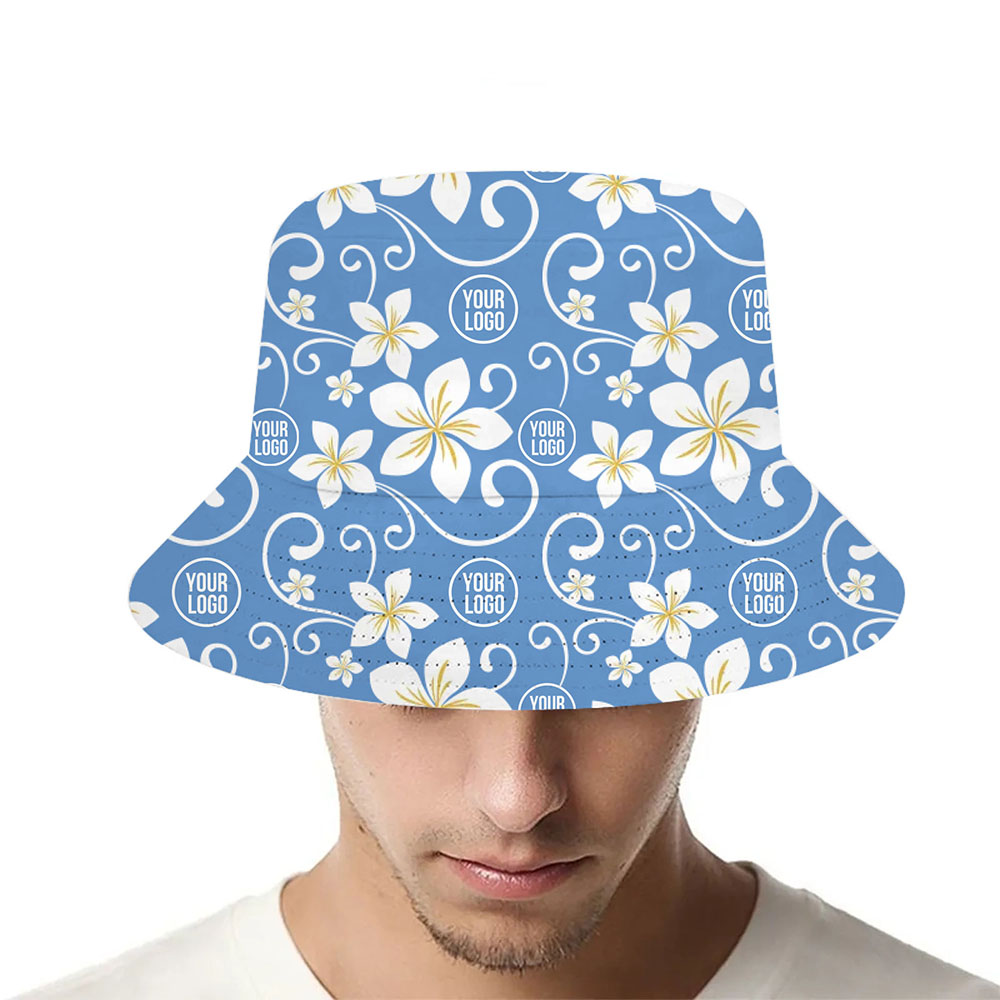 Men wearing custom plumeria bucket hat with logo