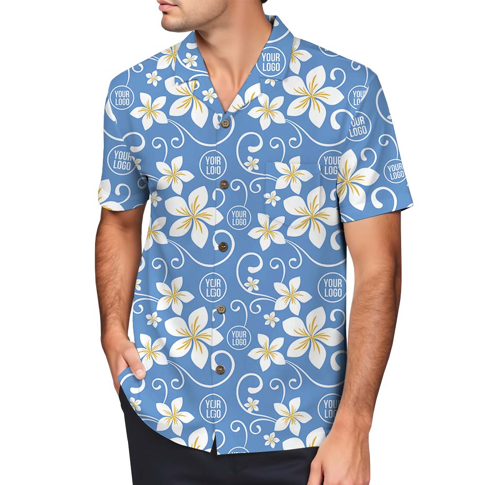 Model in Light Blue Custom Plumeria Hawaiian Shirt With All Over Print Logo
