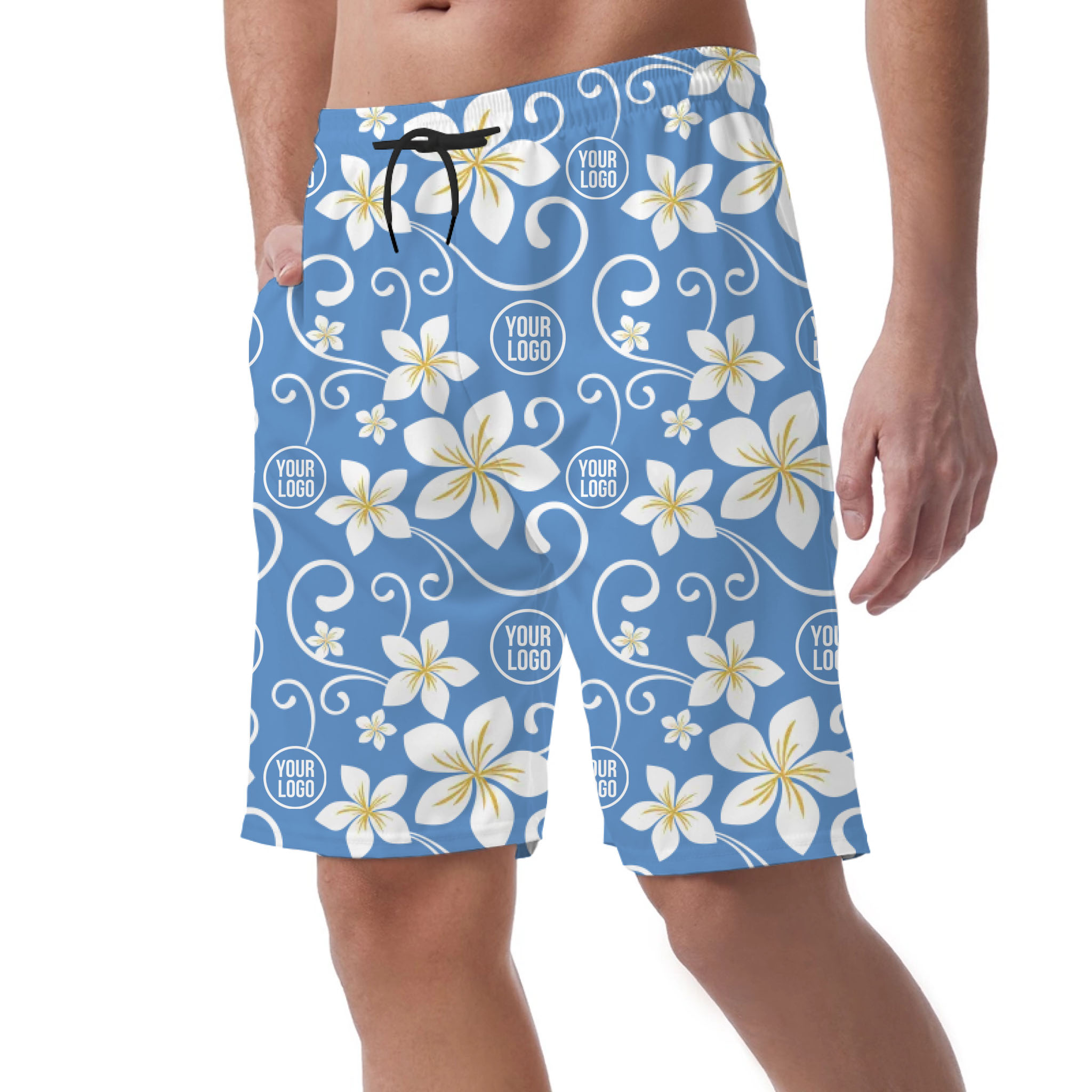right side of custom plumeria Hawaiian short with logo
