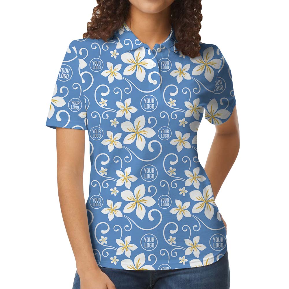 Women custom plumeria polo shirt with all over print logo